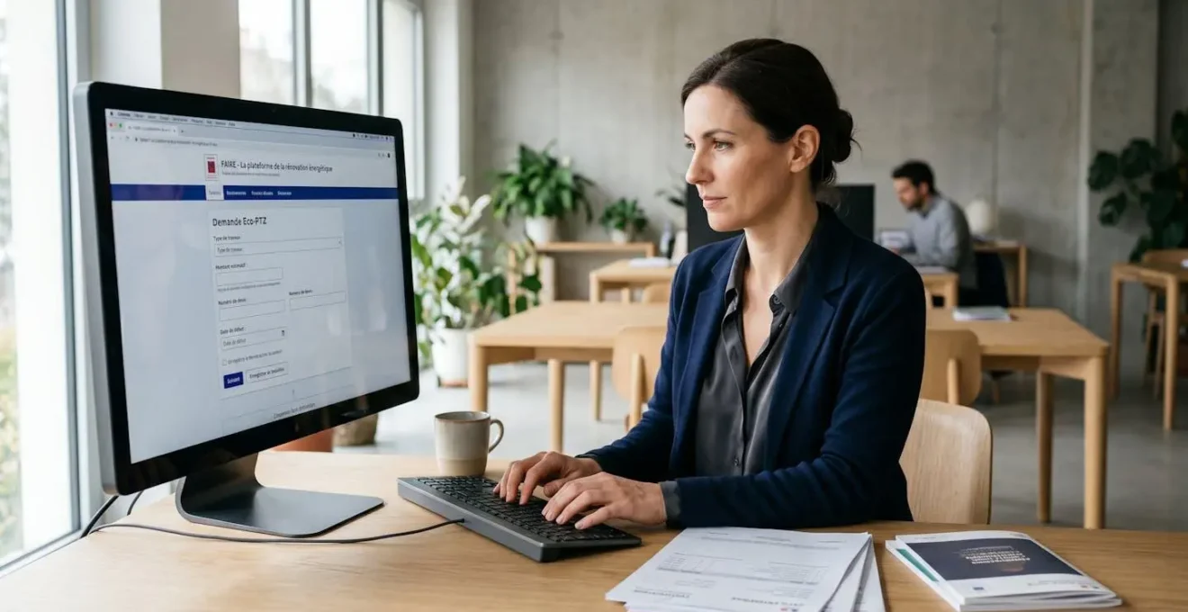 Entrepreneuse assise à son bureau tapant sur un clavier d'ordinateur affichant l'interface de la plateforme FAIRE de l'ADEME avec formulaire éco-PTZ en cours de saisie, documents administratifs disposés à côté