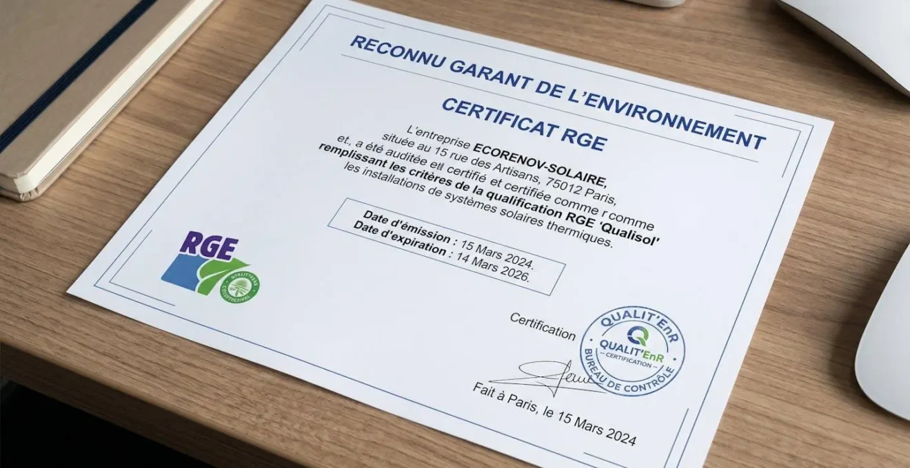 Technicien en tenue de chantier utilisant un thermomètre infrarouge pour mesurer les déperditions thermiques d'un mur en cours d'isolation, écran affichant une carte thermique en couleurs